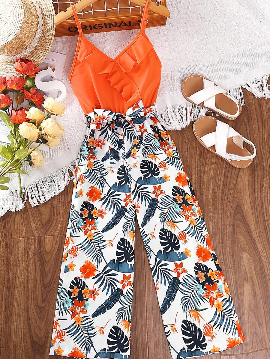 Tween Girl Tropical Print Ruffle Trim Cami Jumpsuit - Burnt Orange - View 1