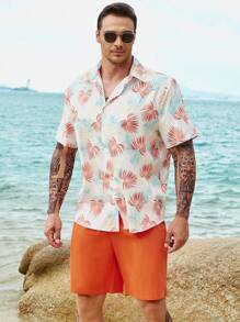 Manfinity RSRT Conjunto Para Hombre De Camisa Y Pantalones Cortos Con Estampado Tropical