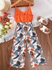 Tween Girl Tropical Print Ruffle Trim Cami Jumpsuit - Burnt Orange - View 2