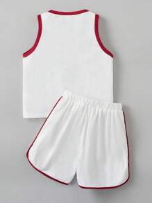 SHEIN Young Boy Letter Graphic Contrast Binding Tank Top & Tie Front Shorts - Red - View 2