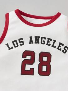 SHEIN Young Boy Letter Graphic Contrast Binding Tank Top & Tie Front Shorts - Red - View 4