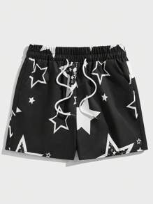 ROMWE MEN Street Life Men Star Print Drawstring Waist Shorts, School - Black - View 1