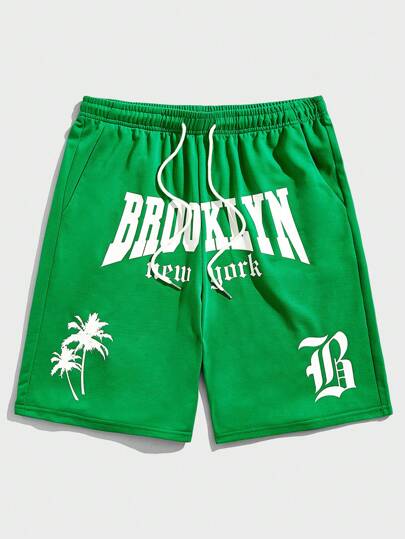 Prep Guys Letter Graphic Drawstring Waist Shorts
