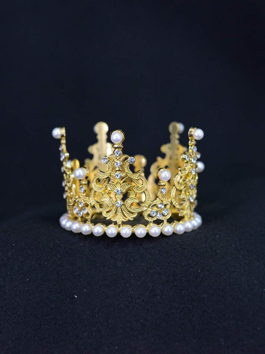 1pc Yellow Rhinestone & Faux Pearl Decor Bridal Crown Royal Tiaras - Gold - View 1