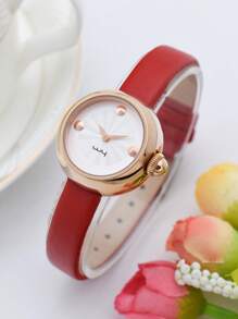 1 Nữ Đỏ PU Polyurethane Dây Thường Chống Nước Mặt Tròn Đồng Hồ Thạch Anh, Cho Cuộc Sống Hàng Ngày - Đỏ - Xem 2