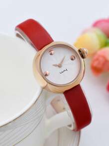 1 Nữ Đỏ PU Polyurethane Dây Thường Chống Nước Mặt Tròn Đồng Hồ Thạch Anh, Cho Cuộc Sống Hàng Ngày - Đỏ - Xem 4
