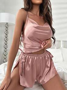 SHEIN Casual Underwear&Sleepwear Draped Collar Knot Side Satin Cami Top & Shorts PJ Set / Pajama Set - Dusty Pink - View 1