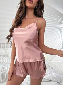 SHEIN Casual Underwear&Sleepwear Draped Collar Knot Side Satin Cami Top & Shorts PJ Set / Pajama Set - Dusty Pink - View 4