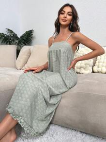 Vestido homewear de tirantes unicolor bajo con fruncido - Verde - Ver 4