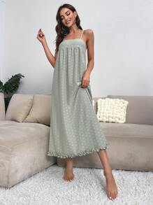 Vestido homewear de tirantes unicolor bajo con fruncido - Verde - Ver 1
