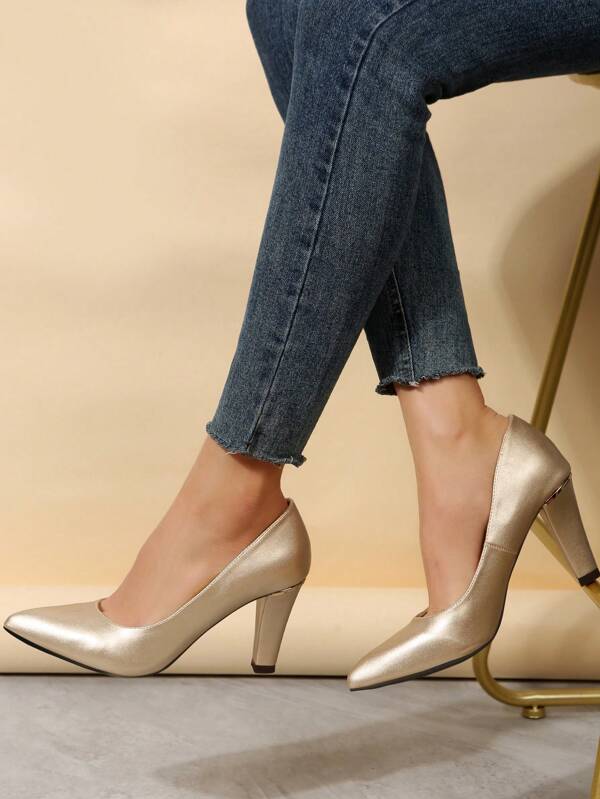 Glamorous Gold Pumps For Women, Metallic Point Toe Cone Heeled Court
