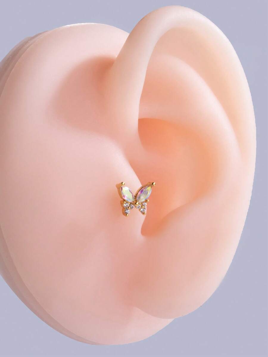 1入組時尚不銹鋼方晶鋯石裝飾蝴蝶設計耳釘適合女士適用於日常