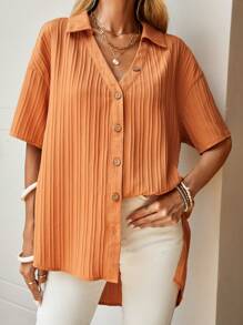SHEIN LUNE Áo sơ mi nữ Cao thấp Nút phía trước màu trơn Giải trí - trái cam - Xem 1