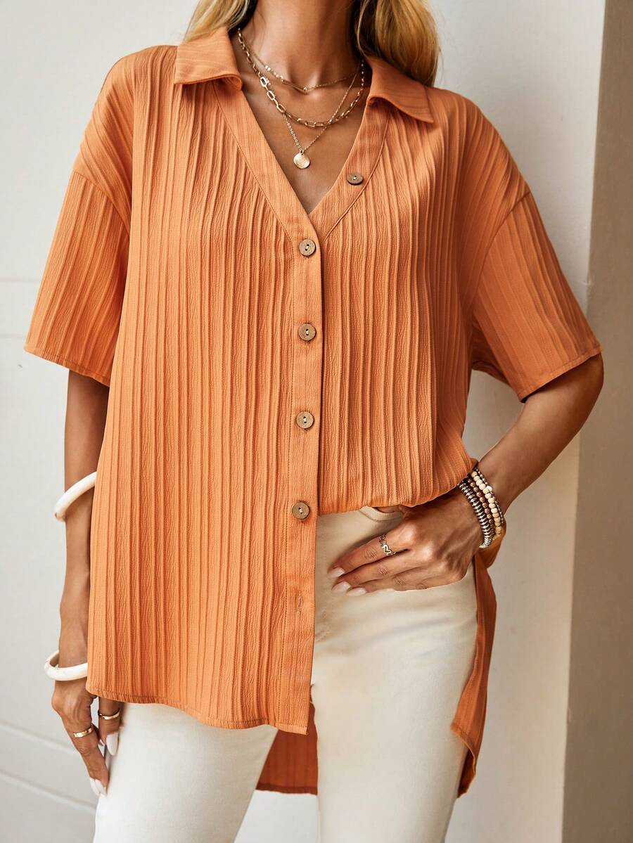 SHEIN LUNE Áo sơ mi nữ Cao thấp Nút phía trước màu trơn Giải trí - trái cam - Xem 1
