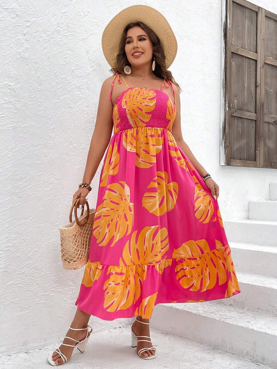 SHEIN Unity Vestido de tirantes con estampado tropical bajo con fruncido - Multicolor - Ver 1