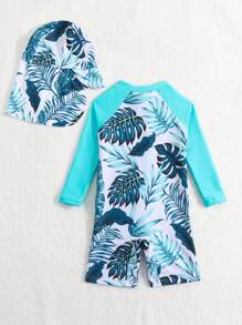 Baby Tropical Print Zipper Front One Piece Swimsuit With Swim Cap - Multicolor - View 2