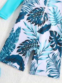 Baby Tropical Print Zipper Front One Piece Swimsuit With Swim Cap - Multicolor - View 4