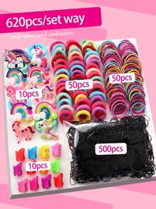 620入組彩虹和獨角獸裝飾髮飾套裝,女士們頭繩,彈性馬尾支架橡皮筋適用於頭髮,無痕頭繩套裝適用於女士 - 彩色 - 查看 4