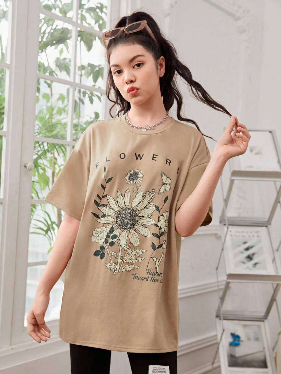 SHEIN Teen Girls Sunflower & Slogan Graphic Drop Shoulder Oversized Tee