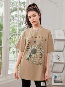 SHEIN Teen Girls Sunflower & Slogan Graphic Drop Shoulder Oversized Tee - Khaki - View 4