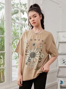 SHEIN Teen Girls Sunflower & Slogan Graphic Drop Shoulder Oversized Tee - Khaki - View 7