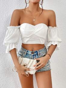 SHEIN Privé Off Shoulder Twist Front Flounce Sleeve Crop Top - White - View 3
