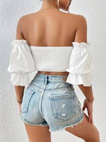 SHEIN Privé Off Shoulder Twist Front Flounce Sleeve Crop Top - White - View 2