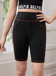 SHEIN Teen Girls Tummy Control Top-stitching Cycling Shorts - Black - View 2