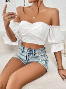 SHEIN Privé Off Shoulder Twist Front Flounce Sleeve Crop Top - White - View 5