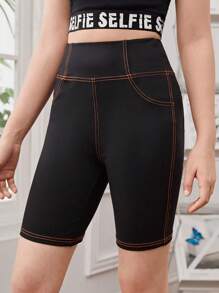 SHEIN Teen Girls Tummy Control Top-stitching Cycling Shorts - Black - View 3