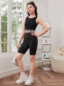 SHEIN Teen Girls Tummy Control Top-stitching Cycling Shorts - Black - View 6