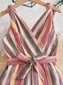 SHEIN Tween Girl Striped Print Belted Cami Romper - Multicolor - View 3