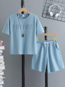 SHEIN Boys Letter Embossed Tee & Drawstring Waist Shorts Without Necklace - Baby Blue - View 1