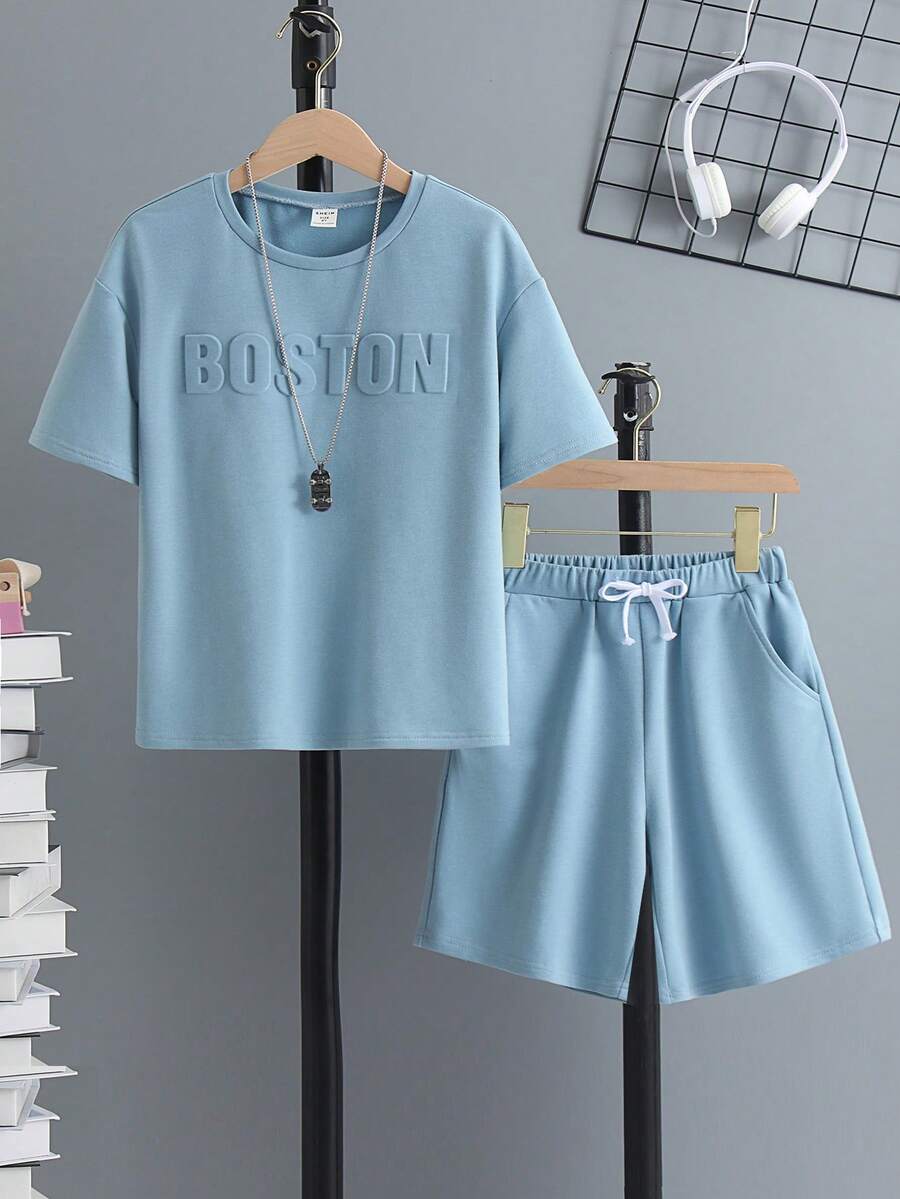 SHEIN Boys Letter Embossed Tee & Drawstring Waist Shorts Without Necklace - Baby Blue - View 1