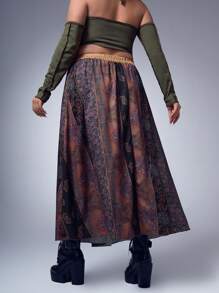 ROMWE Goth Plus Patchwork Floral Graphic Knot Skirt - Multicolor - View 2