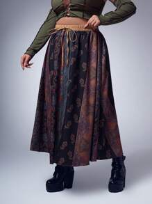 ROMWE Goth Plus Patchwork Floral Graphic Knot Skirt - Multicolor - View 4