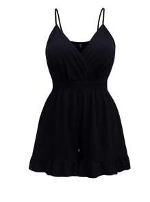 Flirla 大碼荷葉邊吊帶連體短褲 - 黑色 - 查看 1