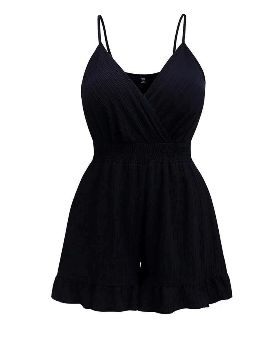 Flirla 大碼荷葉邊吊帶連體短褲 - 黑色 - 查看 1