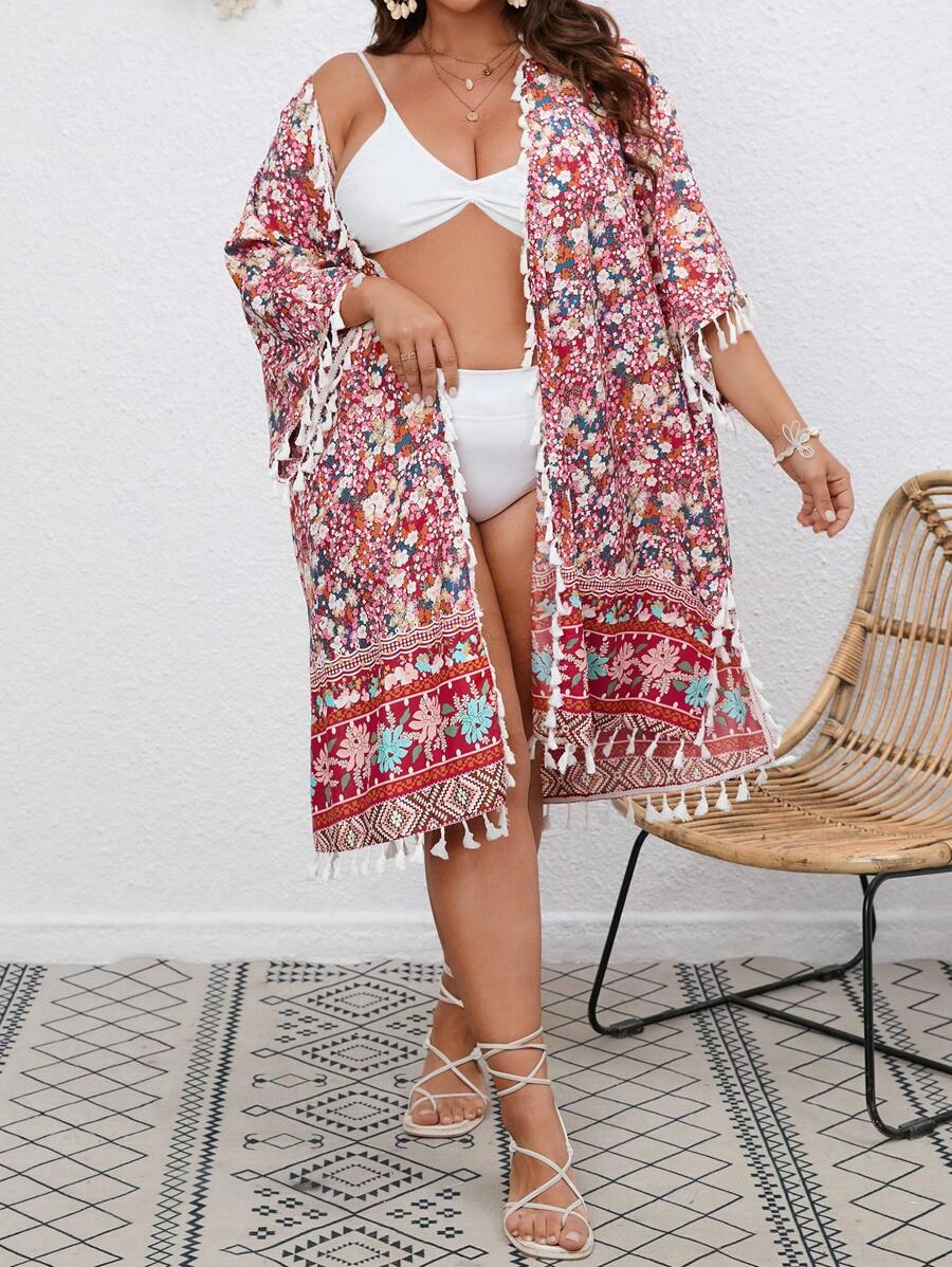 SHEIN VCAY Plus Floral Print Tassel Trim Kimono Without Bikini - Multicolor - View 1