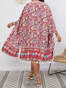 SHEIN VCAY Plus Floral Print Tassel Trim Kimono Without Bikini - Multicolor - View 2
