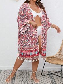 SHEIN VCAY Plus Floral Print Tassel Trim Kimono Without Bikini - Multicolor - View 4