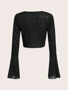 ROMWE Goth Tie Front Flounce Sleeve Crop Top - Black - View 2