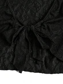 ROMWE Goth Tie Front Flounce Sleeve Crop Top - Black - View 4