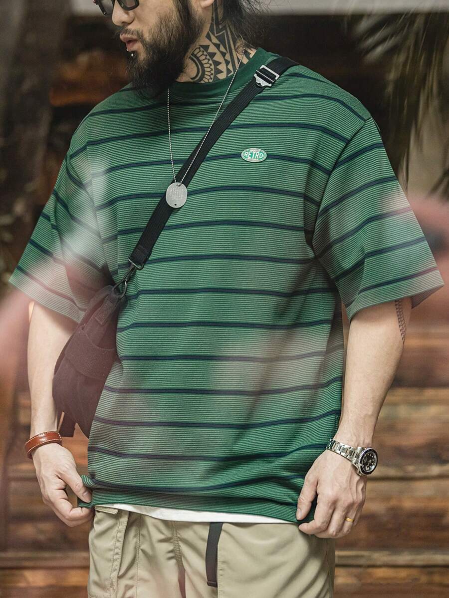 Áo thun & Áo lót Nam Đắp vá Lá thư Sọc Giải trí - Màu xanh lá cây đậm - Xem 1