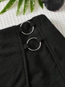 SHEIN 思春期女孩寬鬆休閒彈性腰裙褲,帶環形裝飾,無口袋 - 黑色 - 查看 4