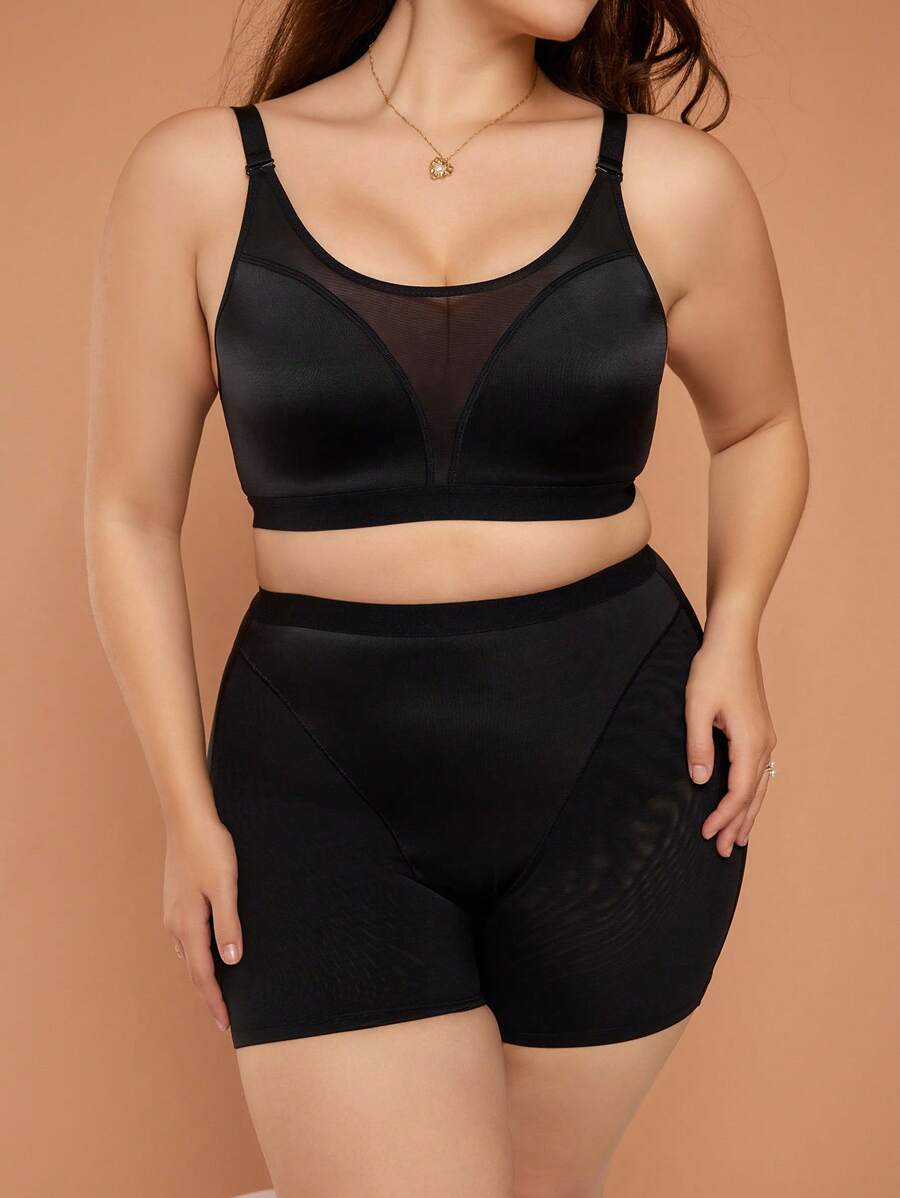 unicolor de malla en contraste Faja Set - Negro - Ver 1
