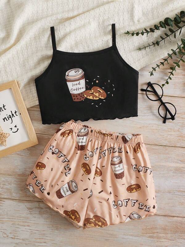 SHEIN Conjunto de pijama com estampa de letras e acabamento em alface para meninas pré-adolescentes