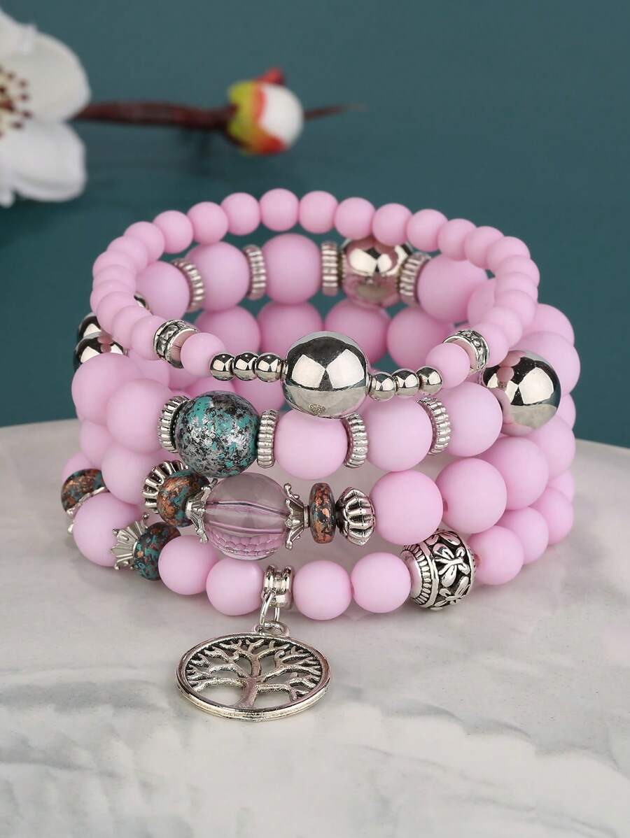 4入组/套波西米亞樹形裝飾圓形吊墜串珠手鏈適合女士日常裝飾 - 彩色 - 查看 1