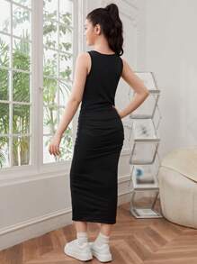 SHEIN Vestido de niña adolescente de color sólido con drapeado en el lateral - Negro - Ver 2