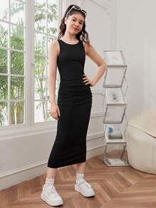 SHEIN Vestido de niña adolescente de color sólido con drapeado en el lateral - Negro - Ver 4